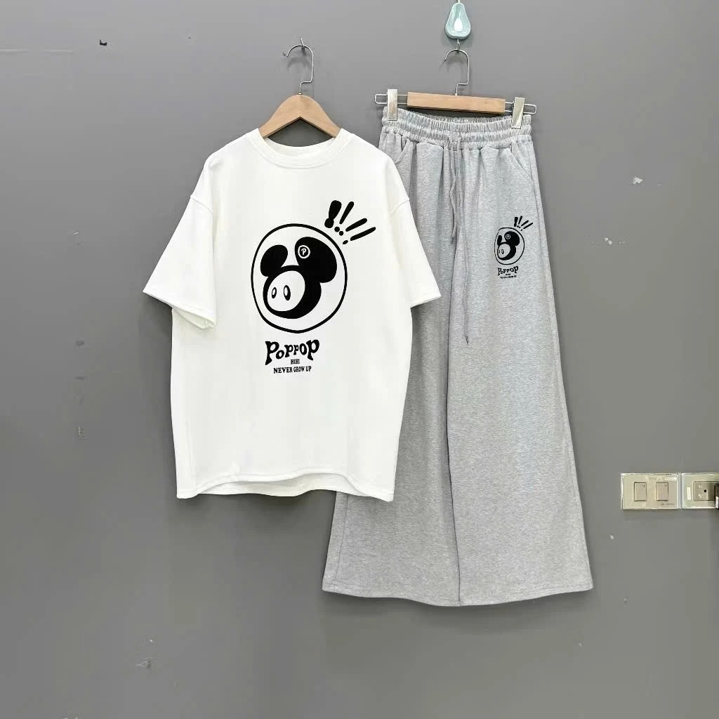 Sét đồ nam nữ Unisex ,bộ đồ ngắn tay áo thun form rộng in hoạ tiết Poppop kèm quần ống rộng chất cotton thoáng mát | BigBuy360 - bigbuy360.vn