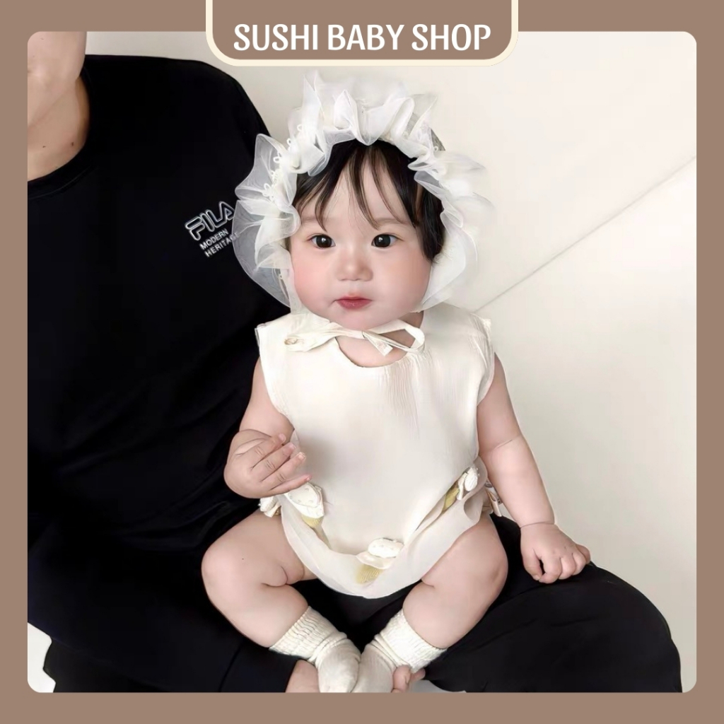 Bodysuit cho bé gái SUSHI BABY SHOP váy công chúa trắng đính que kem bộ đồ liền thân sơ sinh mặc pho