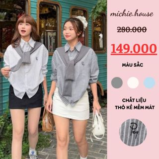 Áo Sơ Mi Kẻ Nữ Dài Tay Hình Thêu Chất Thô Mềm Kèm Khăn Thủy Thủ, Kiểu Dáng Rộng Hàn Quốc - Michie.house - A534