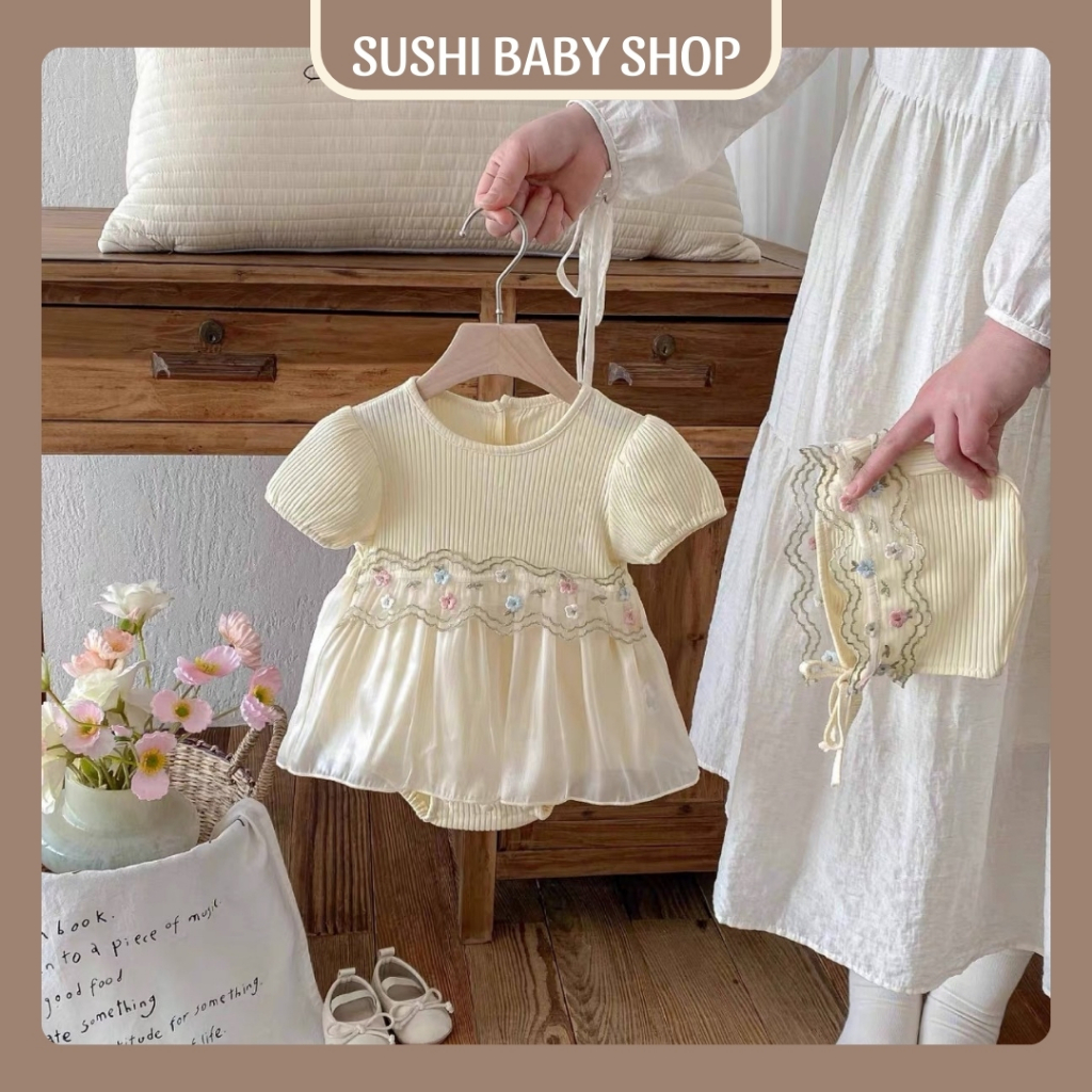 Váy công chúa cho bé gái SUSHI BABY SHOP bodysuit liền thân sơ sinh phối tơ thêu hoa kèm mũ đầm hè p