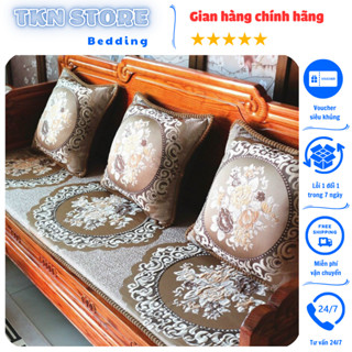 Thảm trải ghế tây âu trang trí phòng khách sang trọng, Bộ 3 đệm trải trên ghế gỗ vải thêu họa tiết sắc nét,dày dặn êm ái