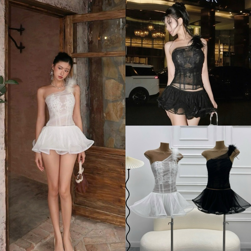[Sẵn - Hoả Tốc] Set áo corset xuyên thấu đắp hoa kết lông vũ vai và chân váy dập ly xoè ngắn nữ tính