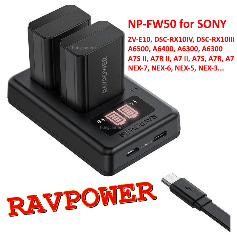 Bộ pin, Sạc RAVPower NP-FW50 cho Sony A6400, A6000, A6300, A7, A7R, A7S...