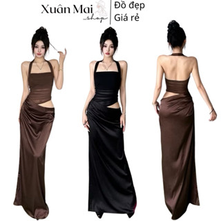  Đầm body cổ yếm choàng cổ xuyên thấu khoét eo form dài đầm sexy đi tiệc đi chơi đi biển 