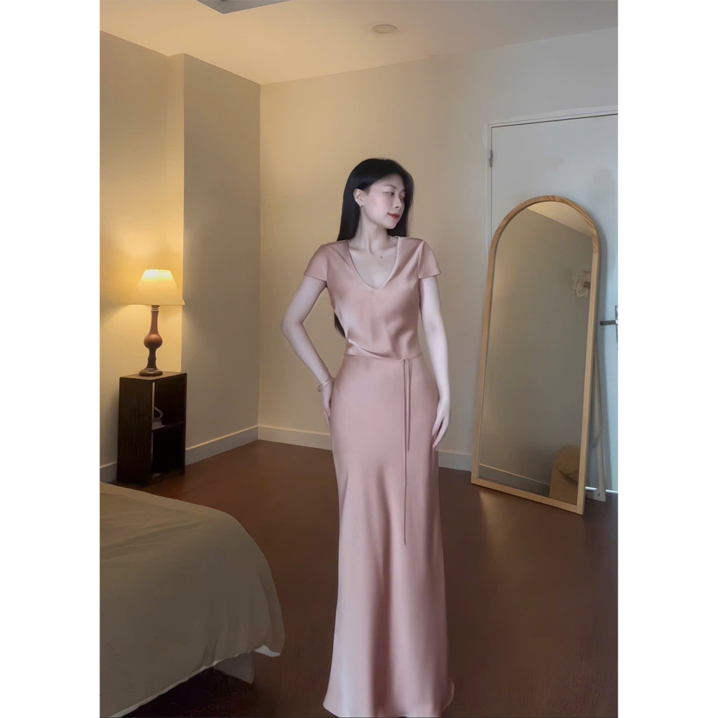 Đầm Lụa Có tay cổ tim dáng suông form dài không mút không dây kéo,Váy lụa dài đi chơi đi làm dự tiệc sang chảnh | BigBuy360 - bigbuy360.vn