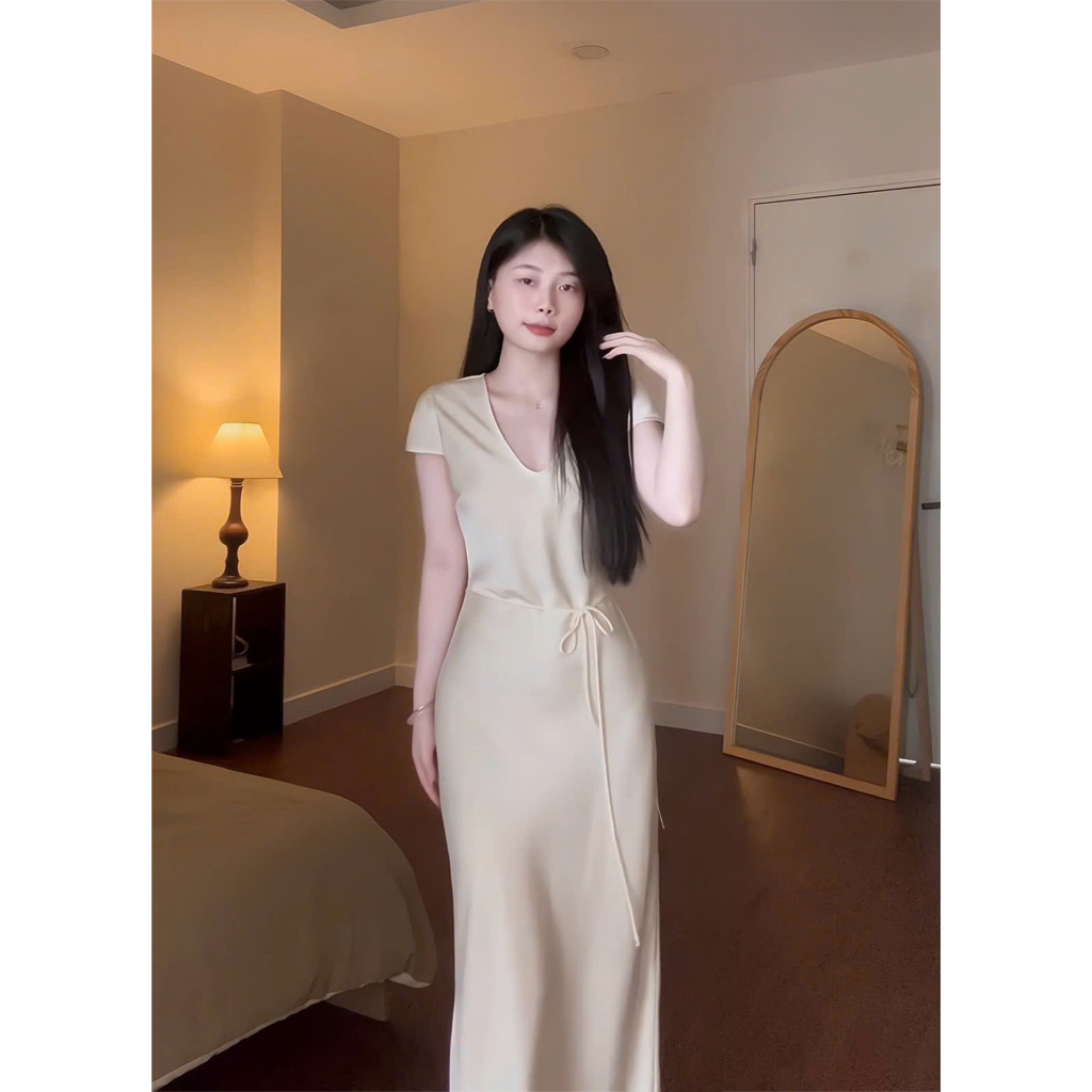 Đầm Lụa Có tay cổ tim dáng suông form dài không mút không dây kéo,Váy lụa dài đi chơi đi làm dự tiệc sang chảnh | BigBuy360 - bigbuy360.vn