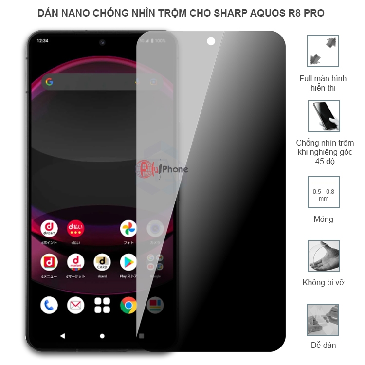 Dán chống nhìn trộm cho Sharp Aquos R8 Pro - Dán cường lực dẻo nano