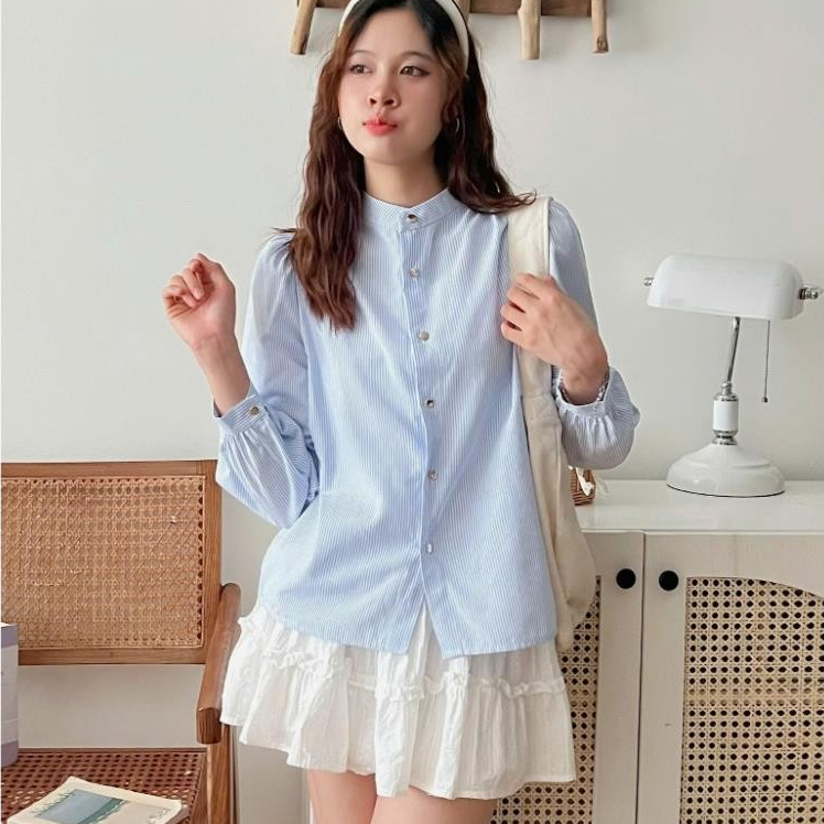 Áo sơ mi kẻ sọc, áo sơ mi kiểu nữ Hàn Quốc cổ tàu xinh A323