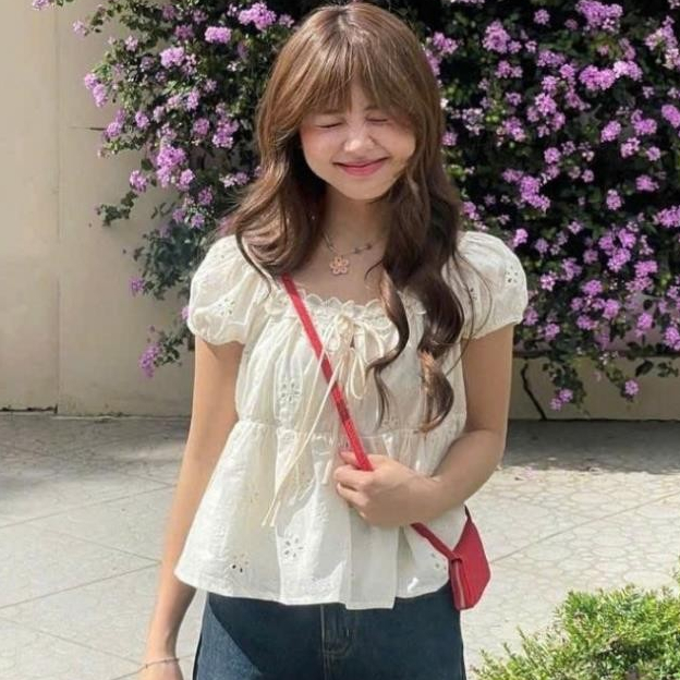 Áo babydoll hoa chìm buộc nơ siêu xinh 2 lớp, áo kiểu nữ A333