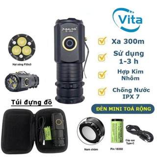 Đèn pin mini siêu sáng X-BALOG 350X,Có kèm túi đựng, vỏ nhôm, chống nước IPX7, độ sáng tối đa 2000, cầm tay