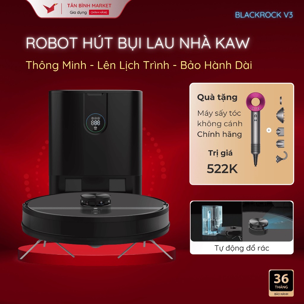 Robot hút bụi lau nhà tự động đổ rác KAW Blackrock V3 - Tích Hợp Rada, Pin 5300mAh, Lực Hút 12000Pa, Bảo Hành 3 Năm