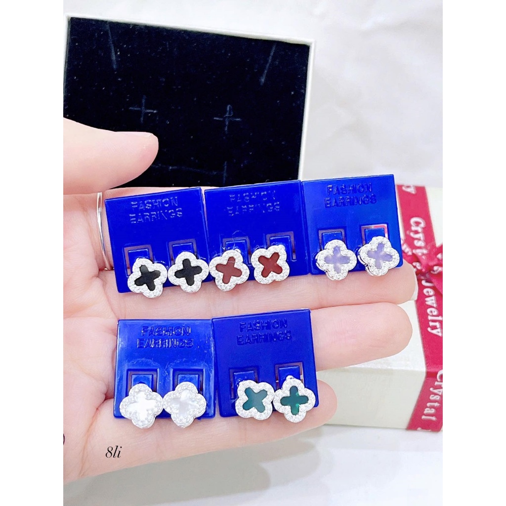 Bông tai nữ bạc thật bông 4 lá đá 8mm  viền đá sang chảnh