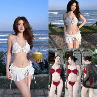 Set bikini bèo tầng đỏ trắng xinh xắn Video ảnh thật shop quay R30