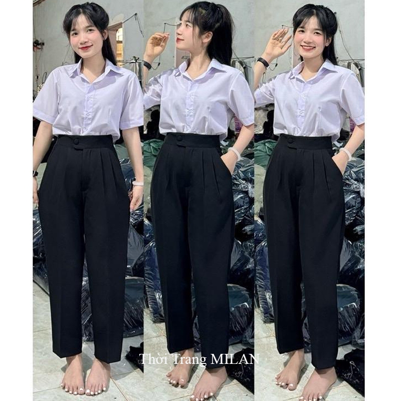 Quần tây nữ lưng cao đi học M609 màu Xanh Đen lưng cao cạp có đỉa cúc lệch - Quần vải học sinh đi họ