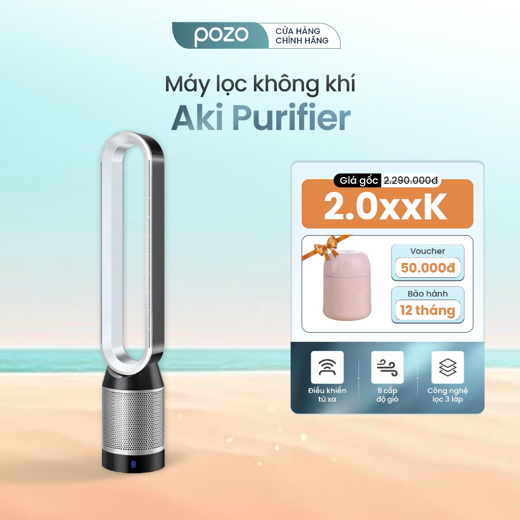 Máy lọc không khí tích hợp quạt không cánh POZO - Aki Pur 9 cấp độ gió, tạo ion âm, lõi lọc HEPA H13