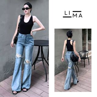 Quần Jean Ống Loe Rách Lưng Cao Lima Fashion, Quần Jeans Ống Rộng Rách Gối Phong Cách Đường Phố S084