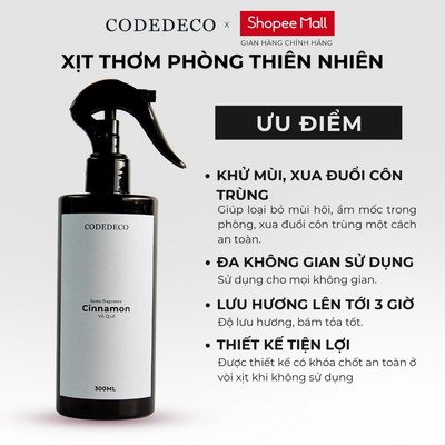 Tinh dầu xịt phòng Vỏ Quế CODEDECO Cinnamon 100ml, 300ml từ thiên nhiên, xịt xông phòng, thư giãn, đuổi muỗi