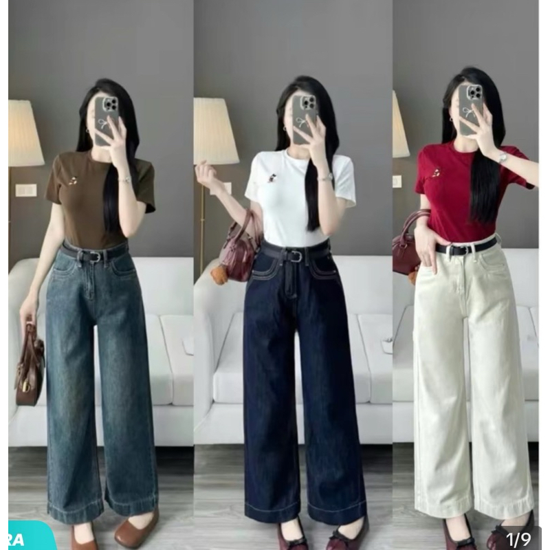 Quần jeans suông nấm lùn 1m47-1m57 cạp cao túi viền