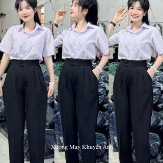 Quần baggy nữ đi học cạp cao đai lệch ống suông che đùi to dáng quần tây nữ cấp 3 2 đi học vải dày đáy cao