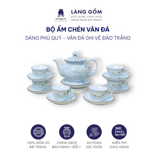  Bộ ấm chén uống trà Vinh Hoa Phú Quý màu vân đá vẽ nổi hoa đào trắng - Gốm sứ Bát Tràng cao cấp 