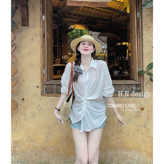 Áo Sơmi Đũi Xoắn Eo Hot Hit