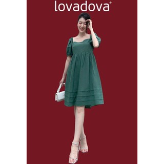 Đầm suông màu xanh két cổ vương nhún thun vải linen Lovadova GD0302