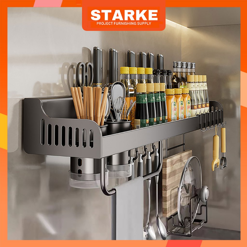 STARKE Kệ đựng gia vị treo tường,chất liệu thép Carbon, lắp đặt dán tường, Kệ để đồ nhà tắm dán tườn