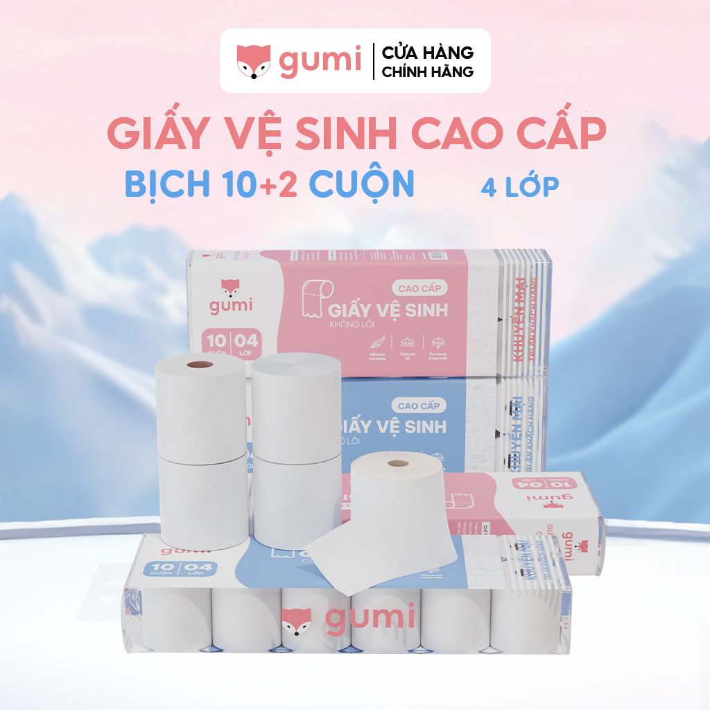 (Tặng kèm 2 cuộn) Set 10 cuộn giấy vệ sinh Gumi cao cấp bịch 4 lớp dày dặn, mềm mịn.