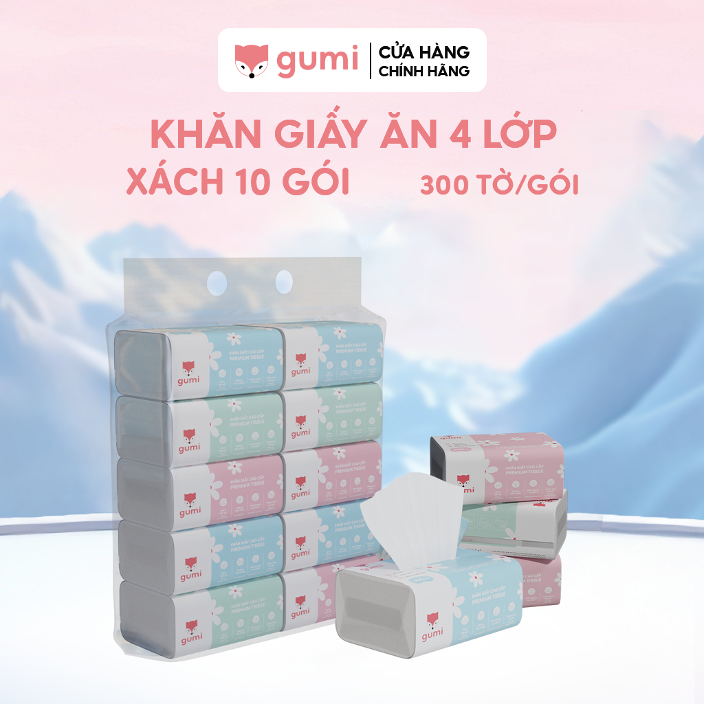Xách 10 gói giấy ăn cao cấp Gumi 3 lớp / 4 lớp mềm mịn, tiện lợi Khăn Giấy để Phòng Khách