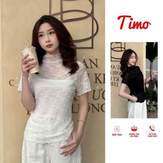 Áo thun nữ Timo, Áo kiểu nữ cổ lọ chất ren xốp hoa nhí có kem áo 2 dây AOT204