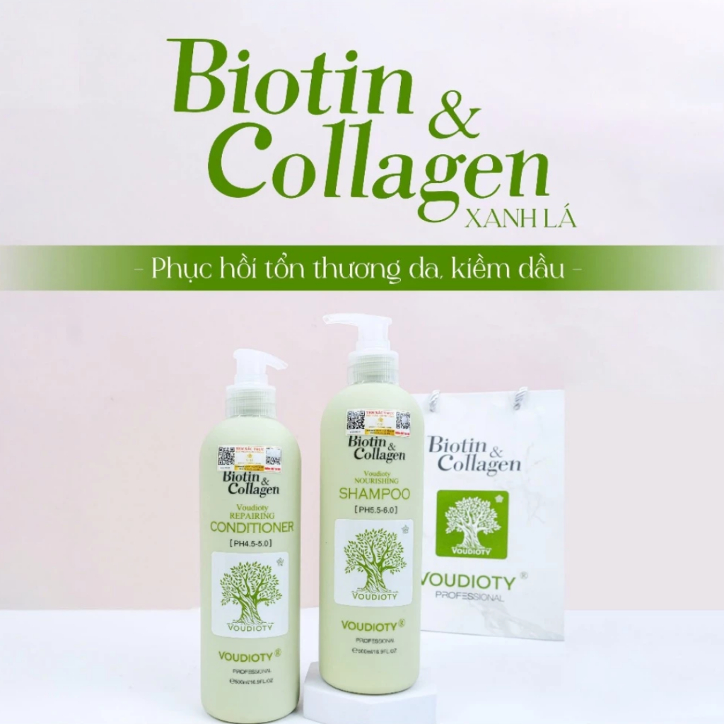 (Màu xanh lá) Cặp Gội Xả BIOTIN COLLAGEN VOUDIOTY Giảm Rụng Tóc, Kiểm Soát Tóc Bết Dầu