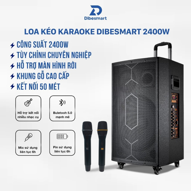 Loa Kéo Karaoke Bluetooth 2400W DIBESMART P18, Loa Trầm Lớn, khuyếch đại âm thanh, kèm remote, 2 mic