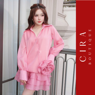  Cira Boutique Sét Áo Sơ Mi Tay Dài Đính Hoa + Chân Váy Bèo Tầng -3 Màu Hồng Đen Be - Size S ML D1070 