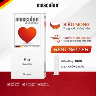  Bao cao su siêu mỏng Masculan Pur Superfine - Hương thơm độc quyền - Thêm gel bôi trơn - Hộp 10 bao 