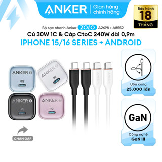 Bộ sạc nhanh Anker Zolo cho iPhone 15-16 series và Android- Củ 30W 1C & Cáp CtoC Silicone 100W dài 0.9m- A2698+ A8552