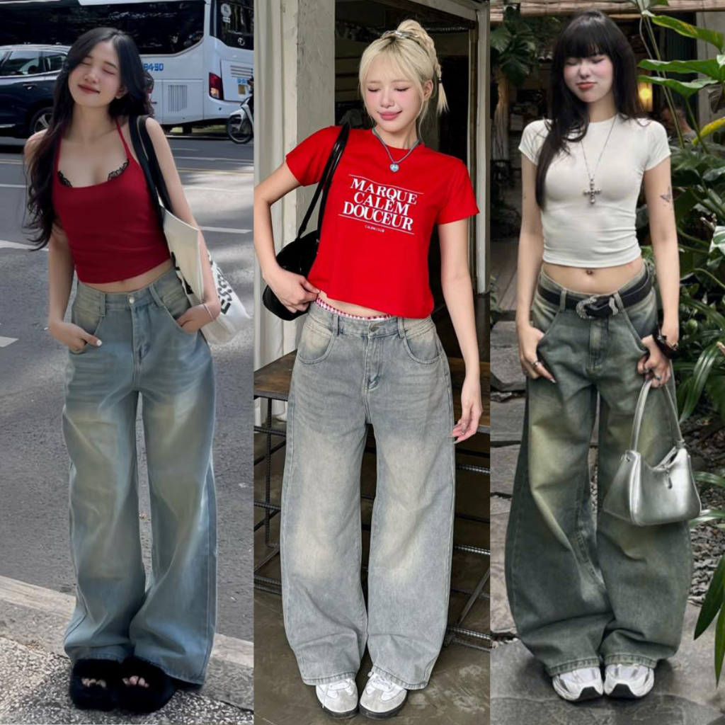Quần Jean Nữ ống rộng Cạp cao MIAA chất jean mềm lưng cao dáng Suông Đứng Wash Retro BIGSIZE Hottren