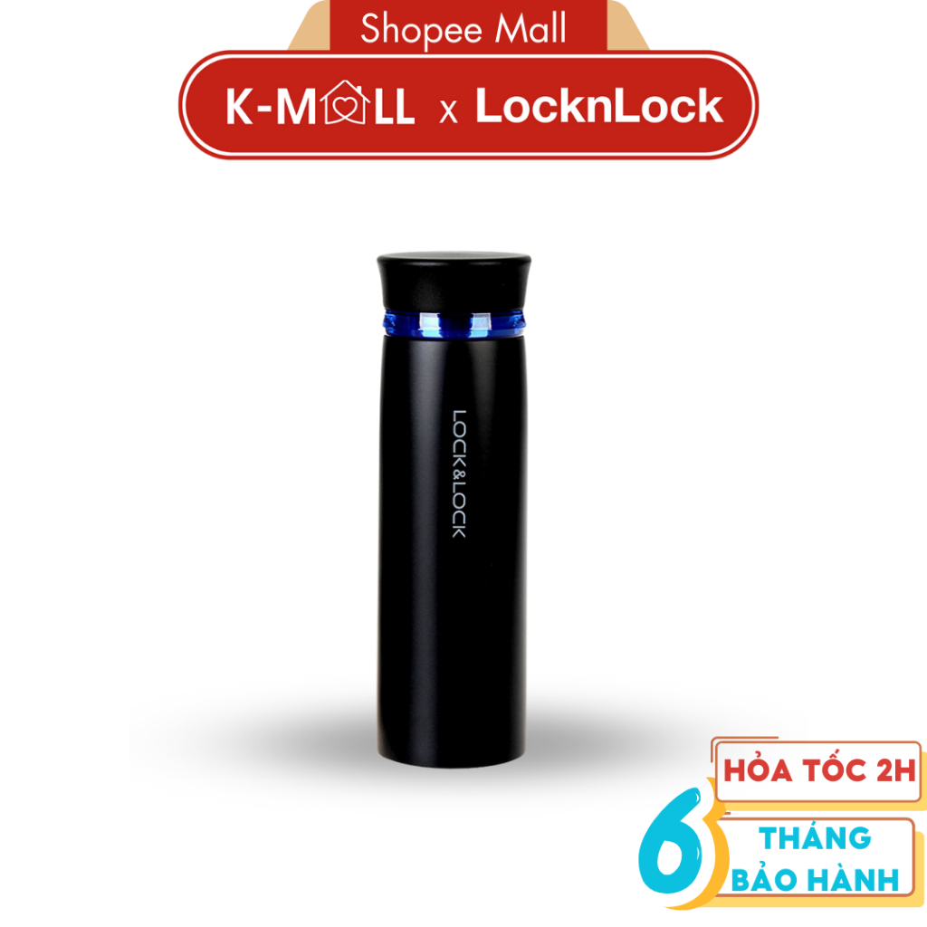 Bình giữ nhiệt LocknLock 450ml Feather Light LHC4131 đen viền xanh, có khay lưới lọc trà - K-MALL