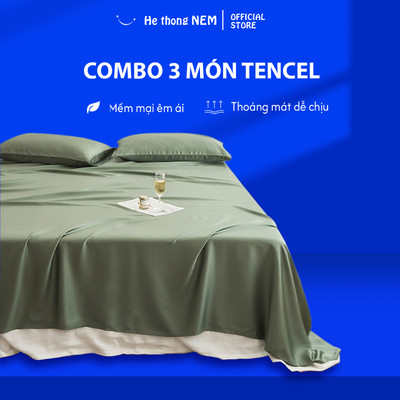 Bộ Ga Gối 3 Món Lụa Tencel 60S He thong NEM Drap Giường Tencel Trơn Bo Chun Phủ Trải Giường Nệm Nhiều Màu Cao Cấp