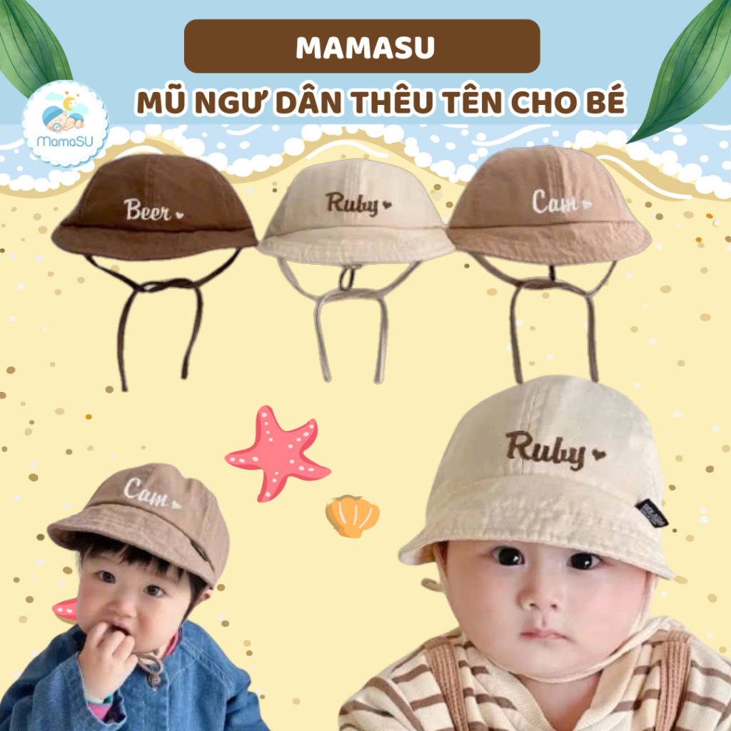 (THÊU TÊN) Mũ Lưỡi Trai Vành Mềm Có Dây Thêu Tên Cho Bé Theo Yêu Cầu  Mũ Sơ Sinh Mũ Ngư Dân Cho Bé