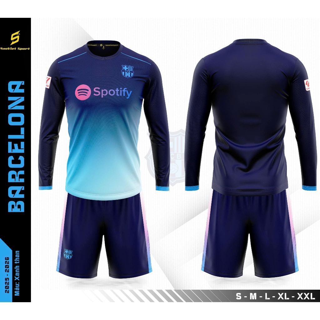 Áo Barca Tay Dài Xanh Biển SV 2025 - Đồ Đá Banh Nam Nữ Cao Cấp