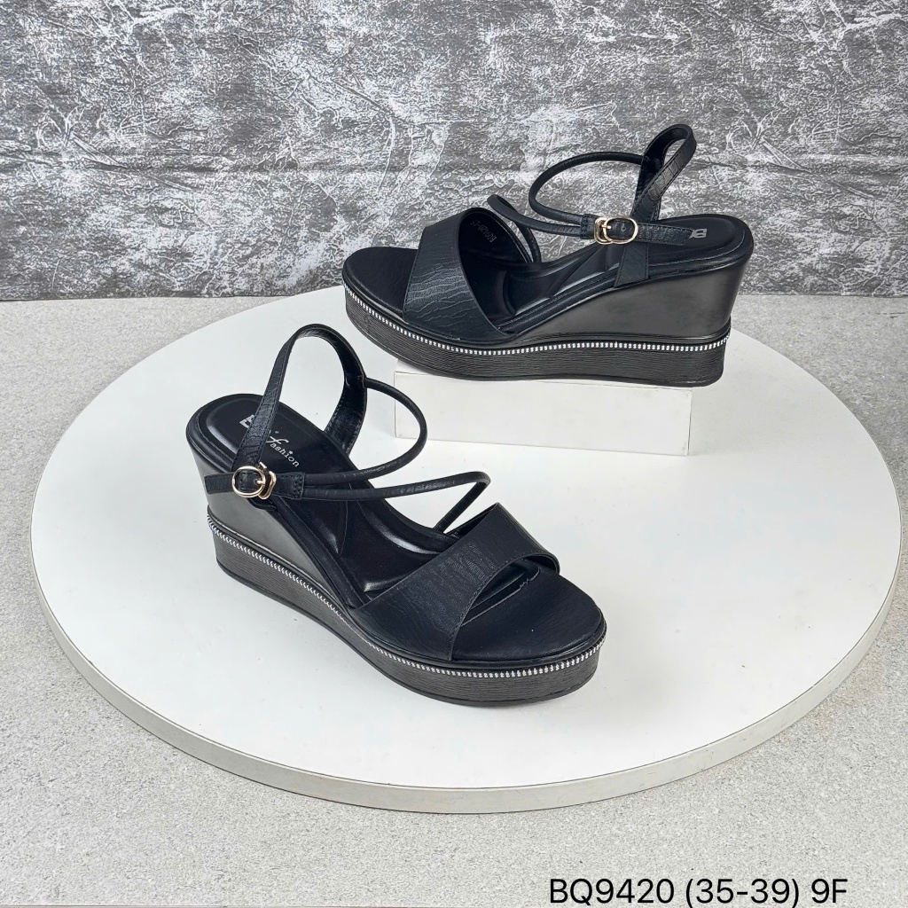 Sandal nữ BQ size 35-39 Dép quai hậu đế xuống quai ngang da sần thời trang gót cao 9cm BQ9420