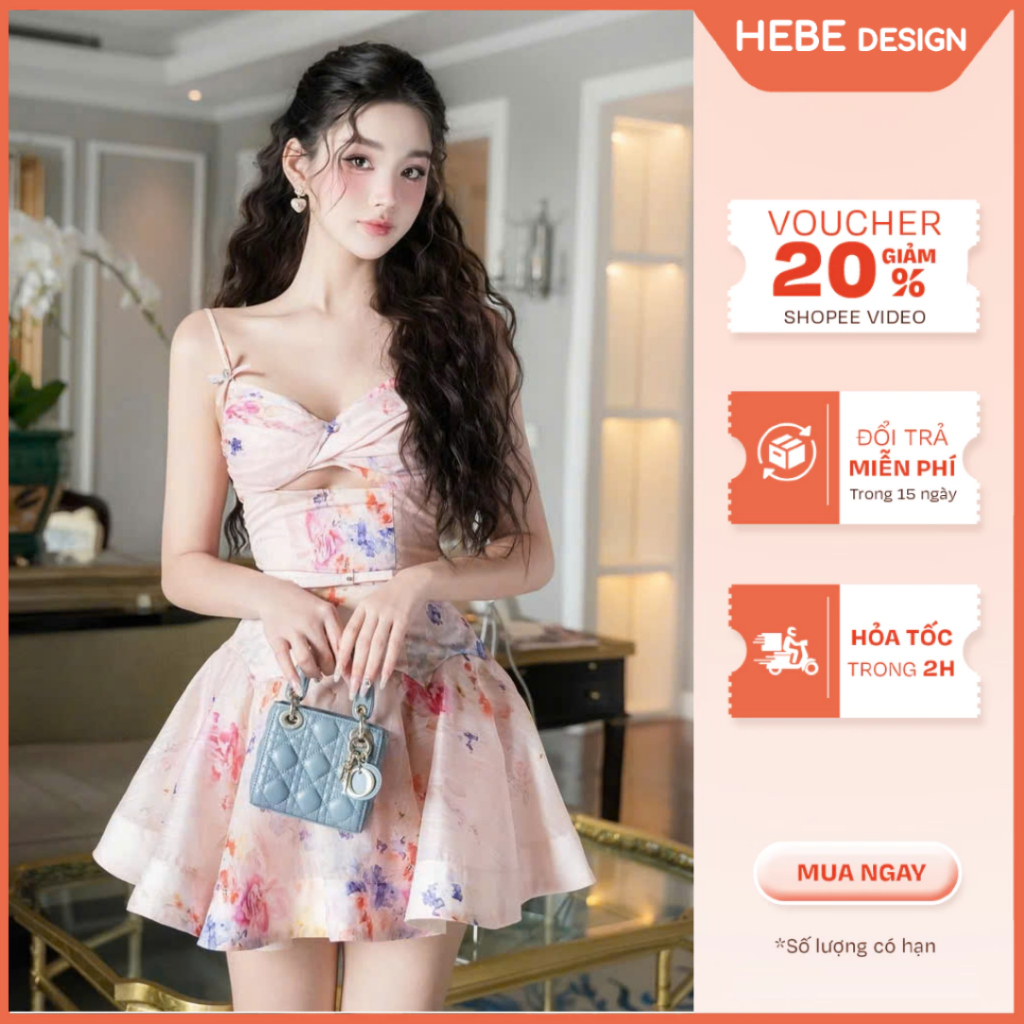 Váy 2 dây dáng xòe hoa nhí cổ đổ cut-out ngực Levy, Đầm thiết kế sang chảnh tiểu thư Hebe Boutique