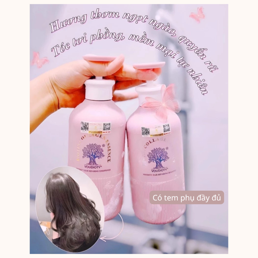 (Màu hồng) Cặp Gội Xả BIOTIN COLLAGEN ESSENCE Giúp Phục Hồi Tóc Hư Tổn 500ml