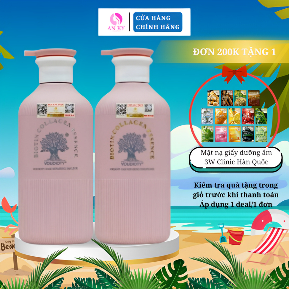 (Màu hồng) Cặp Gội Xả BIOTIN COLLAGEN ESSENCE Giúp Phục Hồi Tóc Hư Tổn 500ml