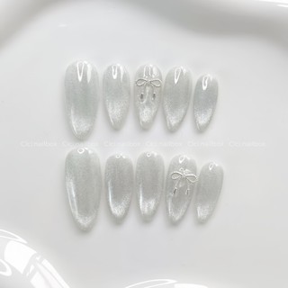 ✨CICI NAILBOX✨ Móng tay giả thiết kế mắt mèo kim cương trắng C172 đính nơ bạc by cici nailbox