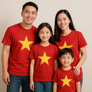 Áo Thun Gia Đình Màu Đỏ In Hình Ngôi Sao | Form Vừa Vặn Nam Nữ Trẻ Em | Chất Polyester Mát Mịn từ 9 - 92 kg