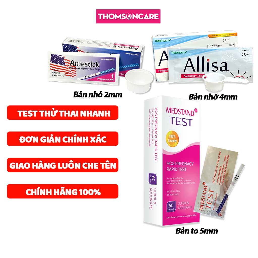 Que thử thai nhanh, có che tên, bản nhỏ, bản to 4mm và 5mm, test thử thai nhanh, chuẩn, chăm sóc phụ nữ Thomsoncare