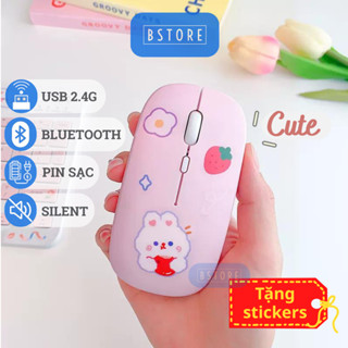 Chuột không dây sạc pin dễ thương cho laptop, máy tính bảng, điện thoại, hai chế độ kết nối, kèm sticker cute BStore