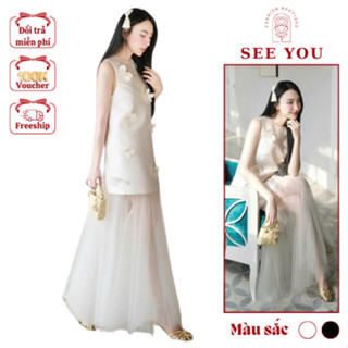 Set Váy Hot Girl Dự Tiệc Sang Chảnh See You Áo Kiểu Sát Nách Đính Hoa Phối Chân Váy Midi Lưới 3 Tầng Quyến Rũ Dạo Phố