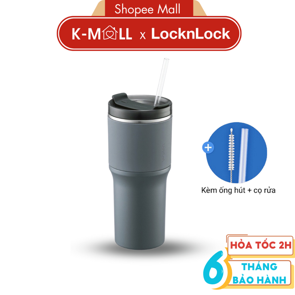 Ly giữ nhiệt LocknLock Metro Drive 650ml LHC4277S Màu Xám, Thép không gỉ, kèm ống hút và cọ - K-MALL